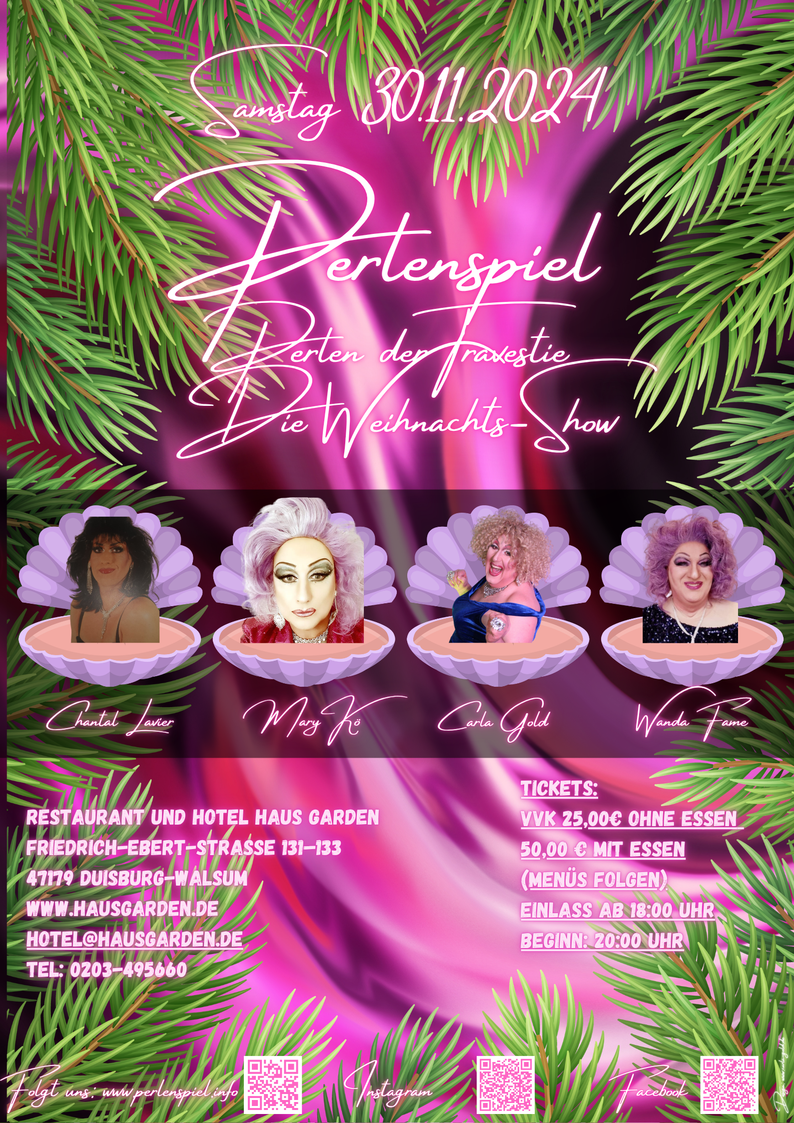 Veranstaltungsplakat „Perlenspiel – Perlen der Travestie: Die Weihnachtsshow“ vom 30.11.2024 im Haus Garden Duisburg-Walsum, erste Weihnachtsshow von Carla Gold vor ausverkauftem Haus.