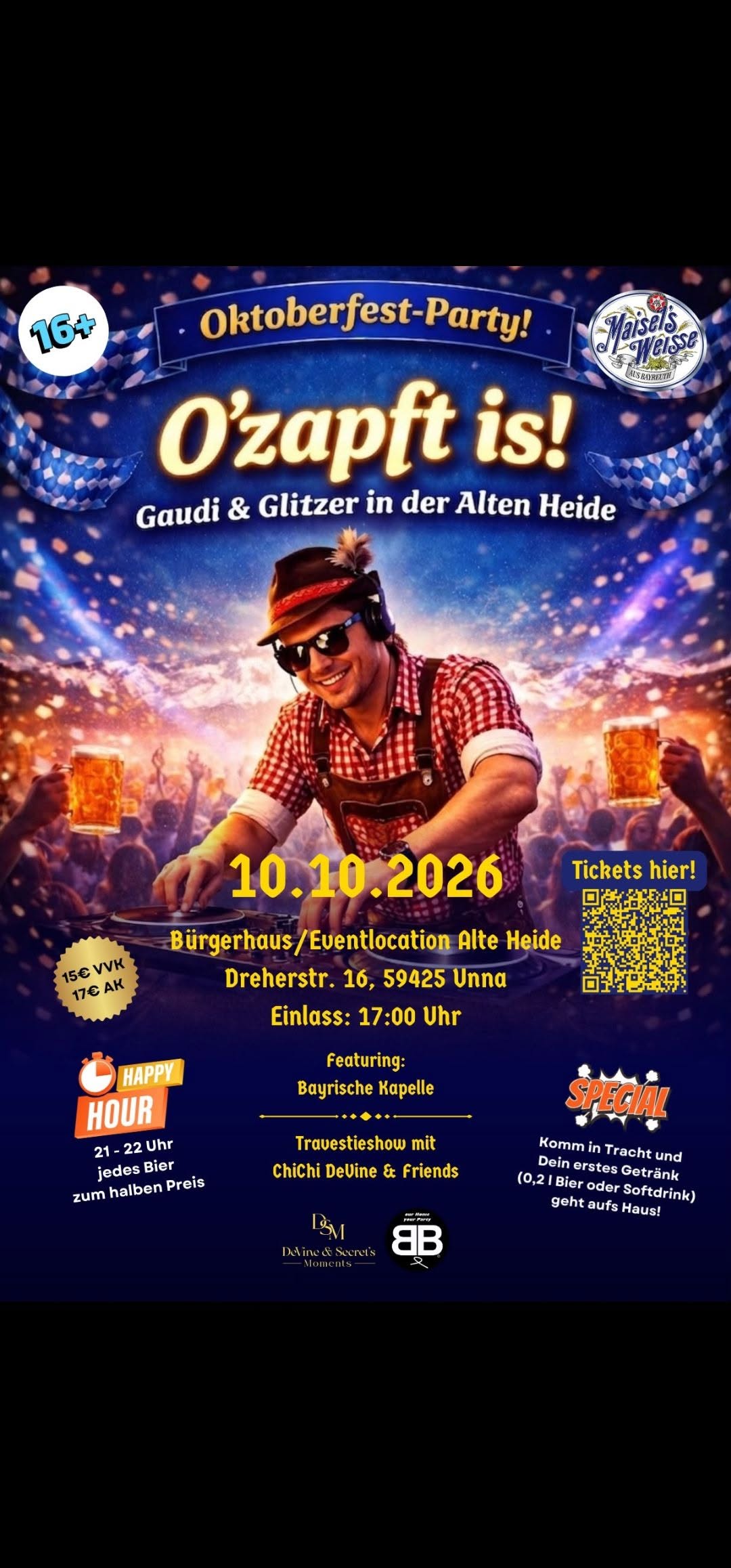 Veranstaltungsflyer zur Oktoberfest-Party „O’zapft is!“ am 10. Oktober 2026 im Bürgerhaus Alte Heide in Unna mit bayerischer Kapelle und Travestieshow.