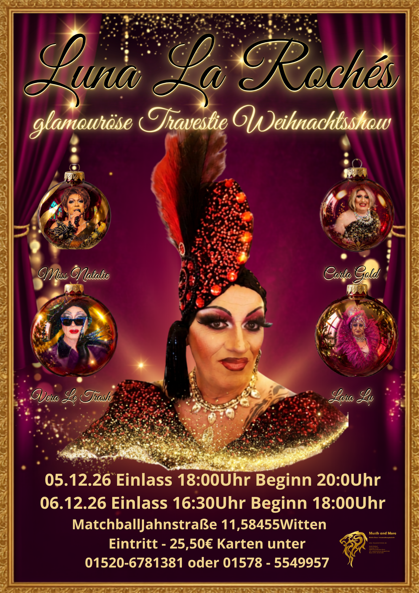 Plakat zur glamourösen Travestie-Weihnachtsshow von Luna La Roché am 5. und 6. Dezember 2026 im Matchball Witten.